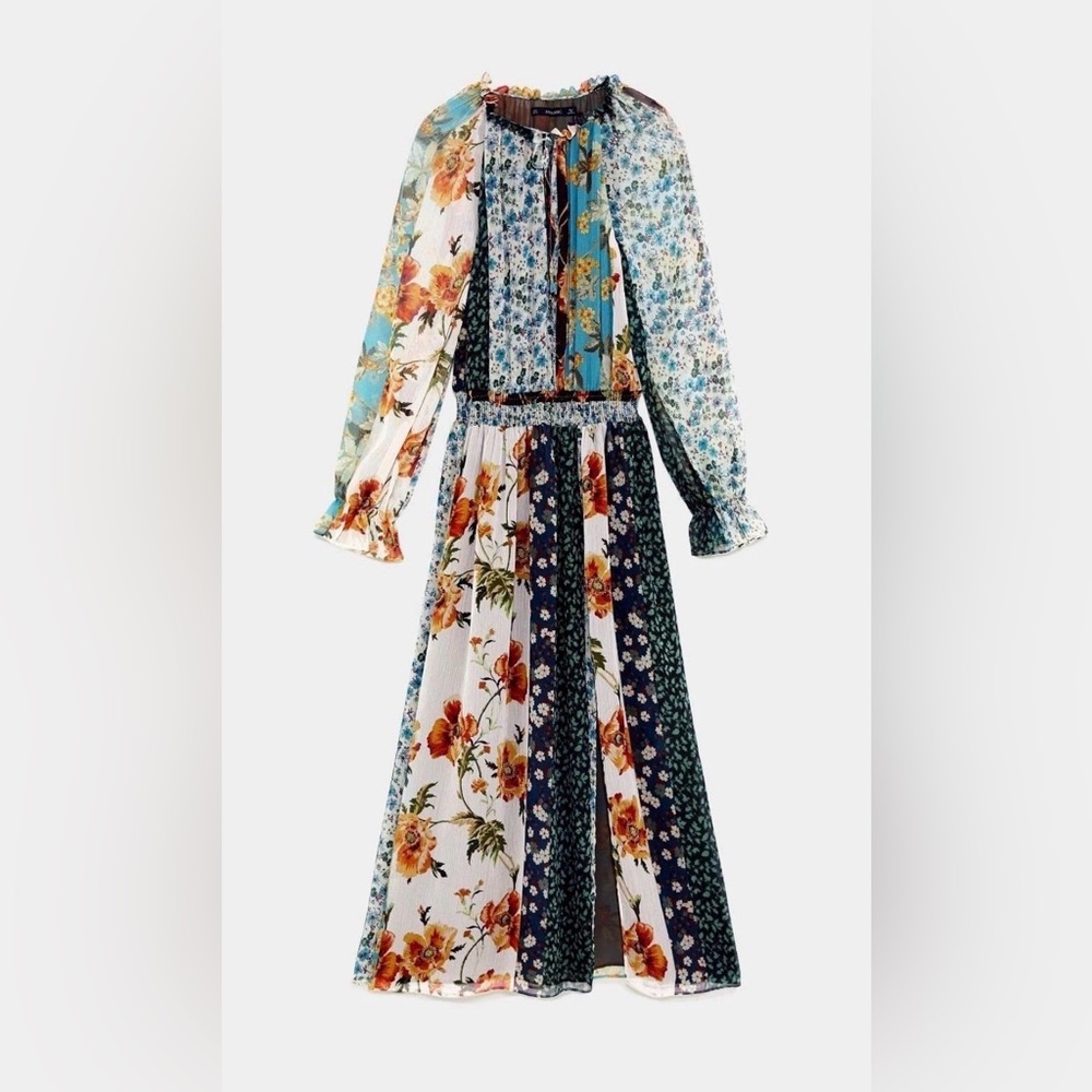ZARA BASIC Floral Patchwork Midi Dress Size:XS( Oversized)